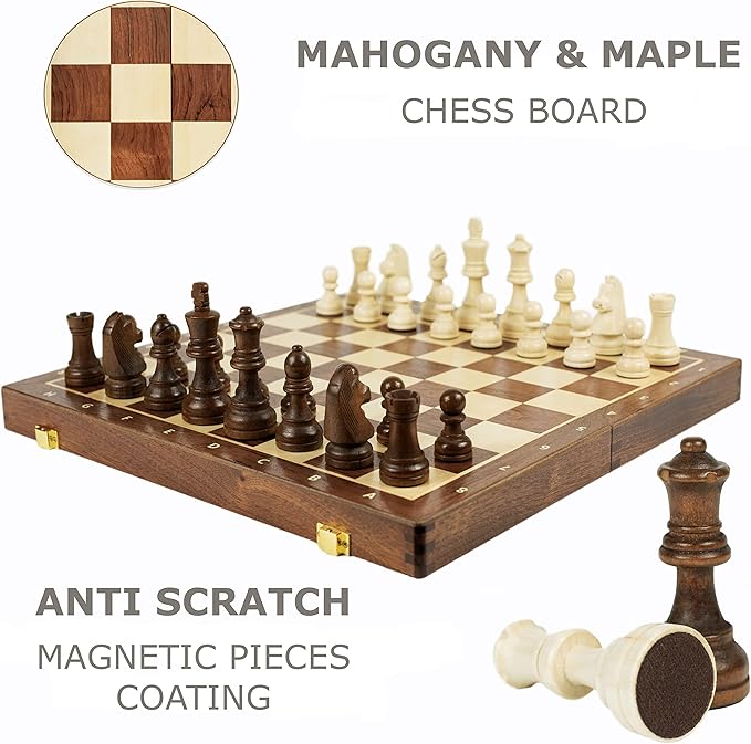 Magnetic Wooden Chess Set for Kids and Adults – 15 in Staunton Chess Set - Large Folding Chess Board Game Sets - Storage for Pieces | Wood Pawns - 2 Extra Queens