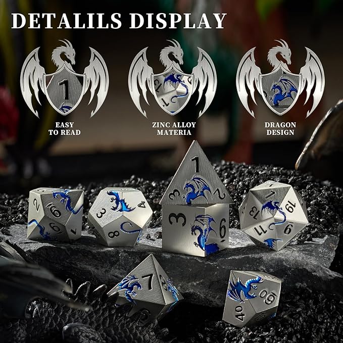 Metal DND Dice, HNCCESG Dragon Metallic D&D Dice Set 7 PCS for Dungeons and Dragon TTRPG Games, Polyhedral RPG Dice Set with Gift Box(Matte Silver Blue)