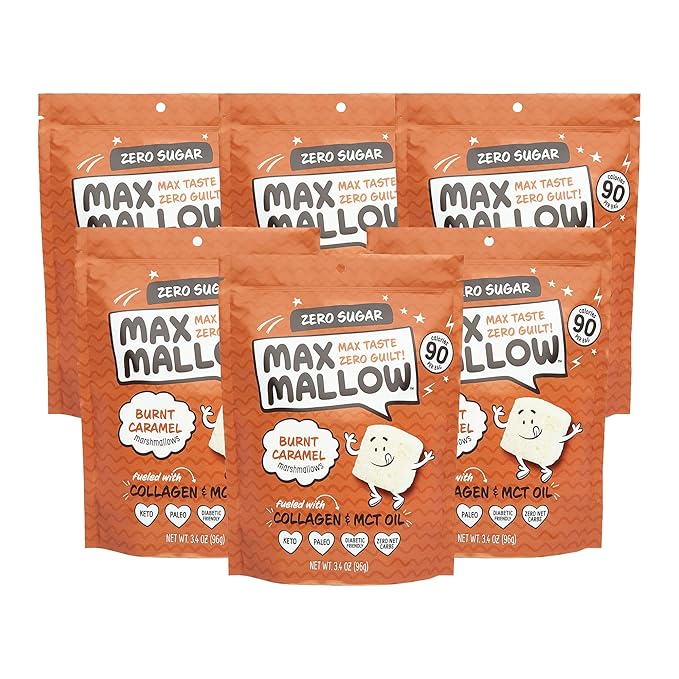 Max Mallow Sugar Free Marshmallows - Keto Friendly, Perfect for S'mores, Hot Chocolate, and Baking with Zero Sugar Snacks, Smores Mct Oil Zero Sugar Marshmellow Marshmallow Burnt Caramel, 6 Pack
