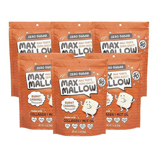 Max Mallow Sugar Free Marshmallows - Keto Friendly, Perfect for S'mores, Hot Chocolate, and Baking with Zero Sugar Snacks, Smores Mct Oil Zero Sugar Marshmellow Marshmallow Burnt Caramel, 6 Pack