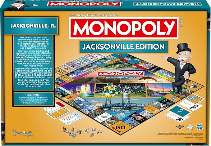 Monopoly Board Game – Jacksonville, FL Edition: 2-6 Players Family Board Games for Kids and Adults, Board Games for Kids 8 and Up, Ideal for Game Night