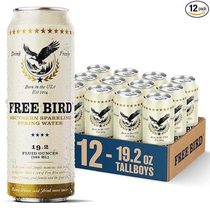 Free Bird, Sparkling Southern Spring Water, 12-Pack (19.2oz Tallboy Cans) – Unflavored Carbonated Zero Sugar, Crisp & Bubbly, Blue Ridge Mountain Water