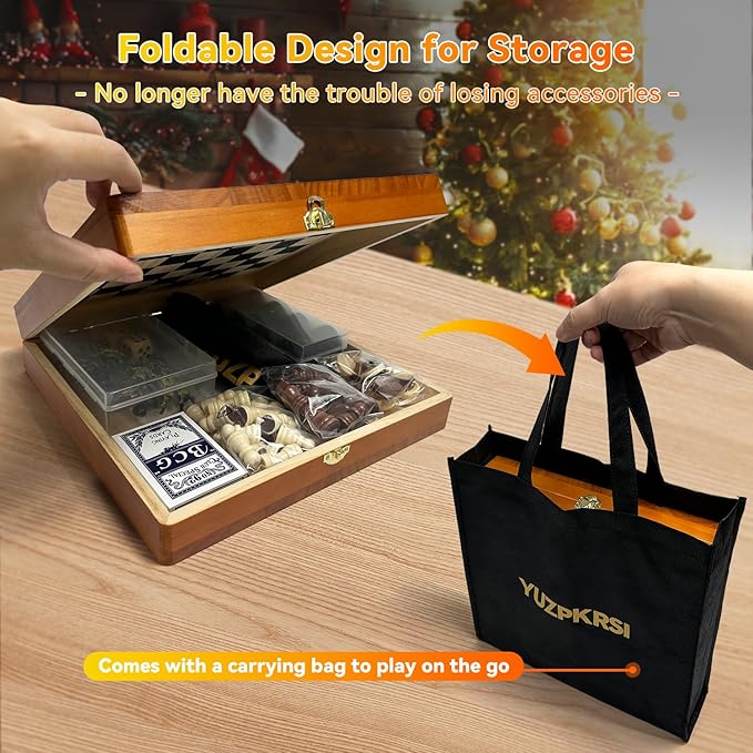 Large 23 inches Horse Race Board Game with Luxury Metal Numbered Horses, 4 in 1 Foldable Wood Horse Race Board Game with Dice Poker Chips/Chess & Checkers/Tic Tac Toe for for Adults Family Parties