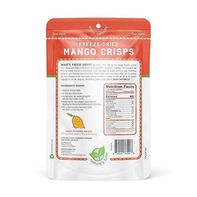 Nature’s Turn Freeze-Dried Mango Crisps – Healthy, Gluten-Free, Crispy & Delicious, Plant-Based Snack, Ideal for Cereal, Smoothies, School Lunches, & On-the-Go, Pack of 6 (0.53 oz Each)