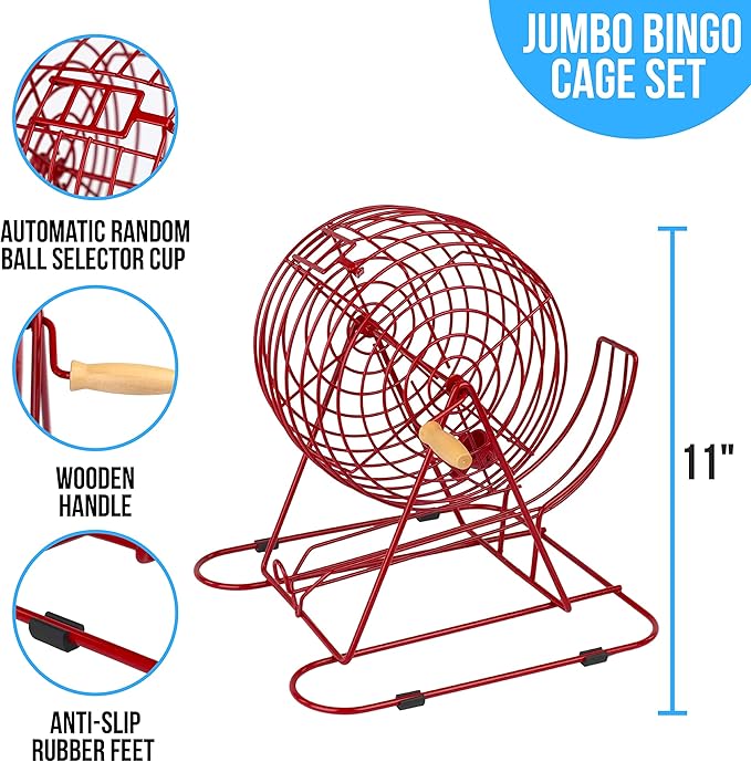 Regal Bingo Professional Bingo Game Set with 11" Wheel Cage, 75 Bingo Balls, Master Board, 18 Bingo Cards & 25 Jumbo Reusable Cards, and Colorful Chips - Bingo Games for Adults Large Group - Red