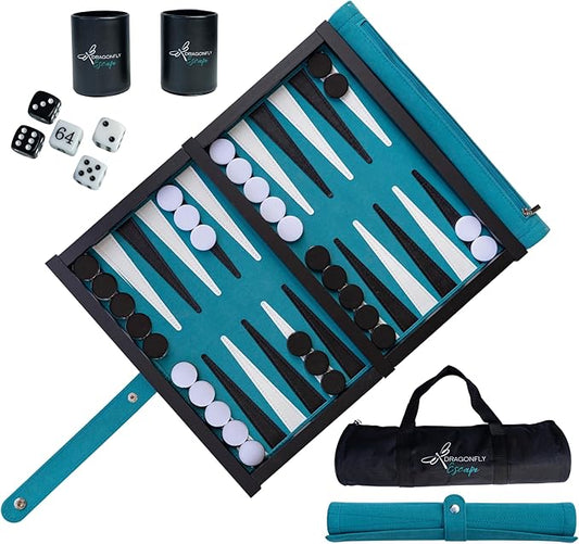 Deluxe Travel Backgammon Set – Roll-Up Board with Magnetic Wooden Frame, Dice Cups and Bag - Unique Travel Backgammon Set for Adults