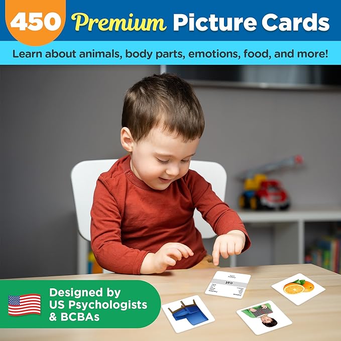 ThinkPsych 450 Thick Picture Cards for Autism Speech Therapy Materials - Flash Cards for Toddlers - Animals, Body Parts, Emotions, Food, Vegetables - ABA Therapy and Tacting Cards