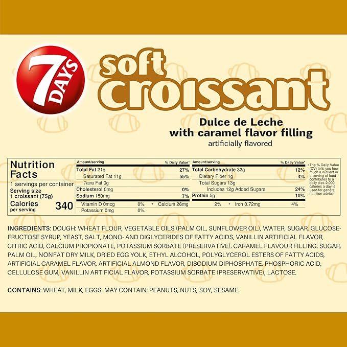 7Days Soft Croissant, Caramel - Dulce De Leche (24 Pack), Breakfast Pastry, Individually Wrapped On The Go Snack, Non-GMO (Pack of 24)