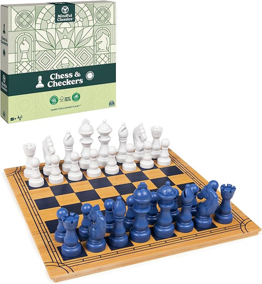Chess Checkers Board Game Set with Bamboo Wooden Box Family Board Games Eco-Friendly Gift, for Adults and Kids Ages 8 and up