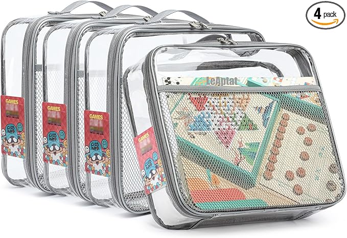 4 Pack Clear PVC Waterproof Toy Storage Bags with Name Tag Pockets - Zippered Organizer for 2x4 Building Blocks, Puzzles, Travel Toiletries, Kids Room Organization (Gray, Small)