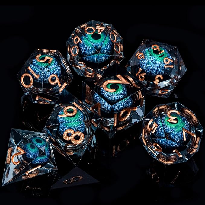 ARUOHHA DND Dragons Eye Dice Liquid Core Blue Green Resin Sharp Edged Dice Set with Gift Box, Compatible with D&D Role Playing Game, Dungeons Polyhedral D and D Dice D20 D12 D10 D8 D6 D4