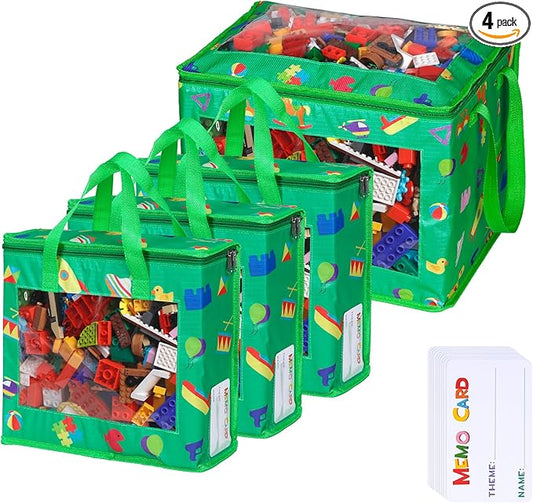 4 Pack Waterproof Toy Storage Bags with Labels,Include 1 Pcs Extra Large and 3 Pcs Large Bags,Oxford Cloth Toy Storage Pouch,Portable Trave Toy Organizer for Board Game, Building Blocks, Puzzle