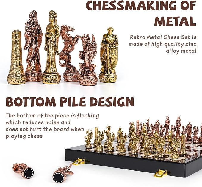 Large Vintage Metal Chess Set for Adults and Kids – Marbling Chess Board with Metal Chess Pieces 15" Travel Chess Set with Metal Chessmen – Collectible Elegant Chess Game – Family Vintage Board Game