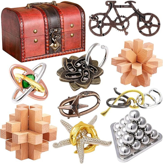 9 pcs Metal Wooden Brain Teaser Puzzle Logic Metal Puzzle for Adult Kid Toy Lock Puzzles Gift for Adults Teenagers Kids