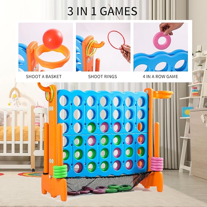 Giant 4 Row Game with Carrying Bag and Mesh Fabric .Giant 4-to-Score Game Set Suitable for Indoor and Outdoor Holiday Parties and Family Gatherings.（Orange）