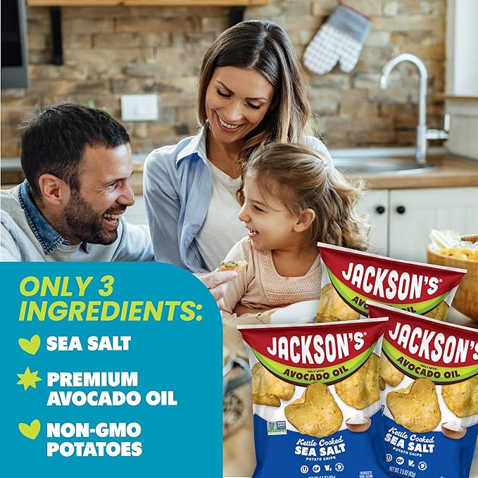 Jackson’s Potato Classic Kettle Chips with Sea Salt (1.5oz, Pack of 18) - Made with Premium Avocado Oil - Allergen-friendly, Gluten Free, Peanut Free, Vegan, Kosher - Shark Tank Product