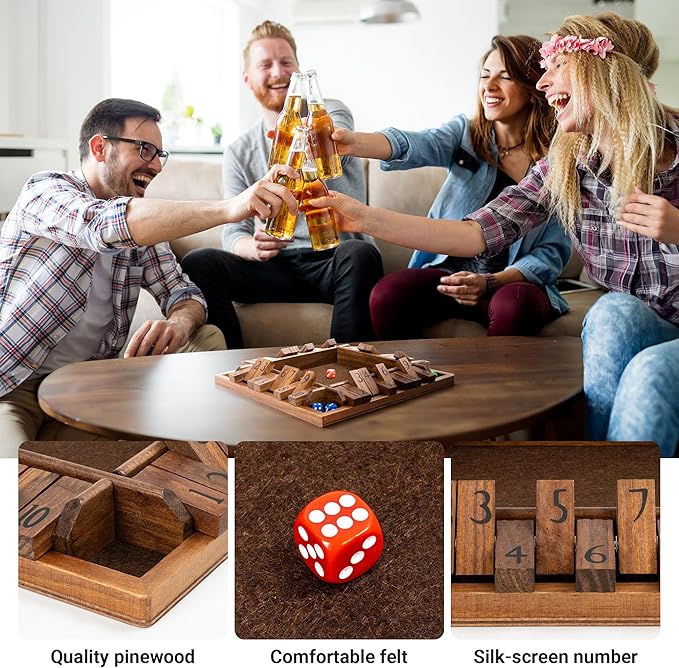 ropoda 12 Inches 4-Way Shut The Box Dice Board Game (2-4 Players) for Kids & Adults [4 Sided Large Wooden Board Game, 8 Dice + Shut-The-Box Rules] Smart Game for Learning Addition
