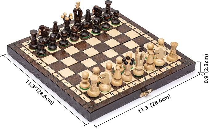 Husaria European International Chess Wooden Game Set, King's Continental - 11.3-Inch Small Size Chess Set with Folding Board and Felt Bottom Chessmen
