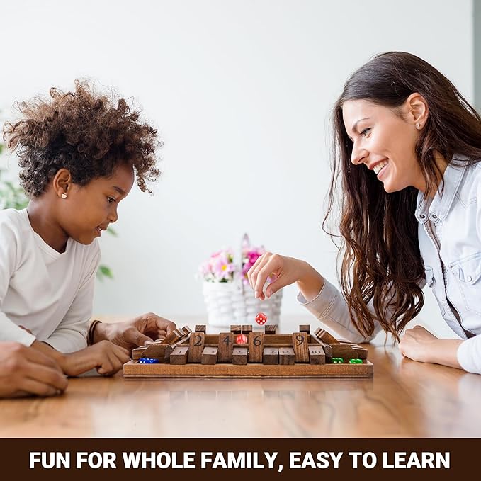 ropoda 12 Inches 4-Way Shut The Box Dice Board Game (2-4 Players) for Kids & Adults [4 Sided Large Wooden Board Game, 8 Dice + Shut-The-Box Rules] Smart Game for Learning Addition