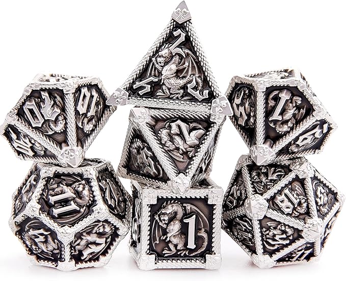 AUSTOR 7-Die Metal DND Dice Set Dungeons and Dragons Polyhedral Roll Playing Dice with Box D20 D12 D10 D% D8 D6 D4 for Pathfinder MTG RPG Board Games