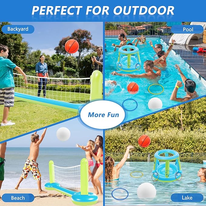 Jasonwell Pool Toys Games Set - 3 in 1 Pool Volleyball Net Basketball Hoop Ring Toss Game Inflatable Floats Water Floating Volleyball Swimming Pools Party Game Accessories Toy Gift Kids Teens Adults