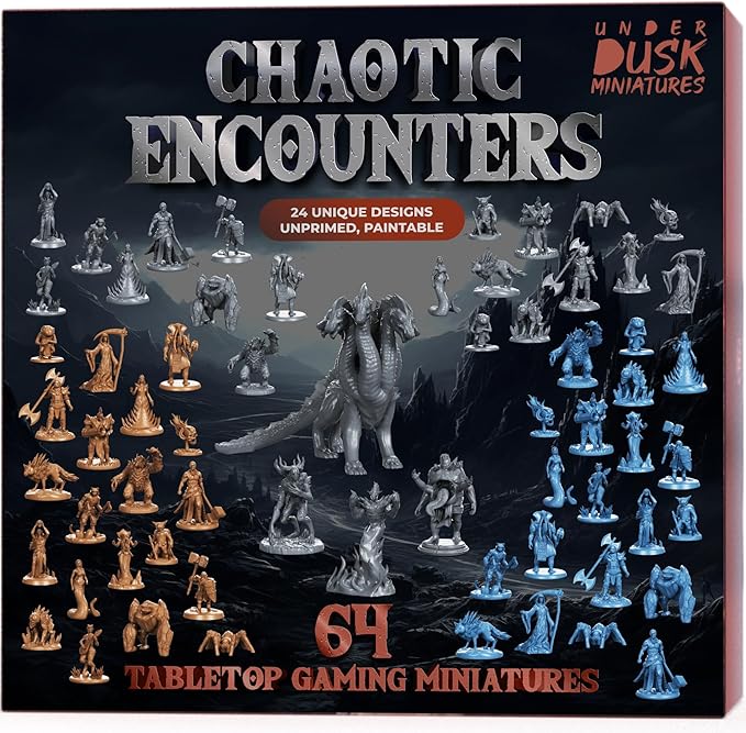 Underdusk: Chaotic Encounters - 64 Unpainted Tabletop Miniatures for D&D, Pathfinder & RPGs | Monster Figures Starter Pack with Stat Blocks