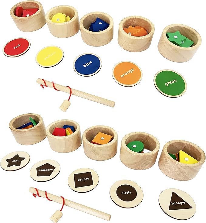 Dailyfunn Montessori Toy Wooden Sorting Cup&Fishing Game 2-in-1 Colors Shapes Sorting Matching Learning Toys for Toddlers 1-3 Year Old
