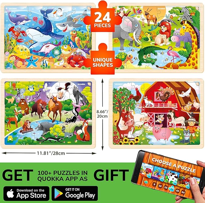 QUOKKA 4SET Puzzles for Kids Ages 4-6 - 24 Pcs Wooden Toddler Puzzles Ages 3-5 - Africa Ocean Animals Farm Learning Games for Boys and Girls 4-8 Year Olds