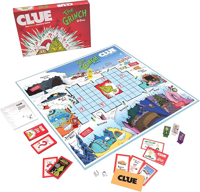 CLUE: The Grinch, Classic Mystery Board Game, Solve The Holiday Theft in Whoville with Cindy-Lou & More, Discover Who, Where, and What was Taken, Officially Licensed Dr. Seuss Merchandise