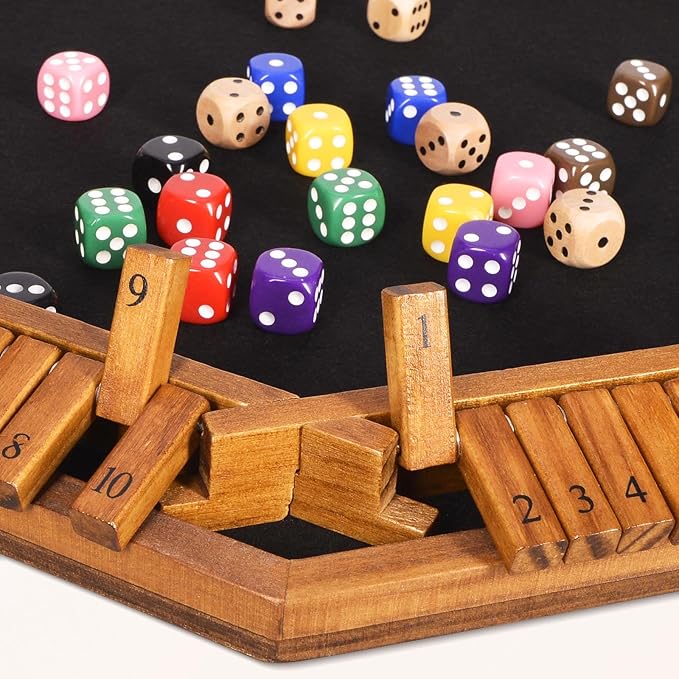 VAMSLOVE Upgraded 2-8 Players Shut The Box Dice Game-8-Way Wooden Board Table Math Game with 16+6 Dices - Close The Box Game for Kids, Adults Families Party Club (Instruction Included)