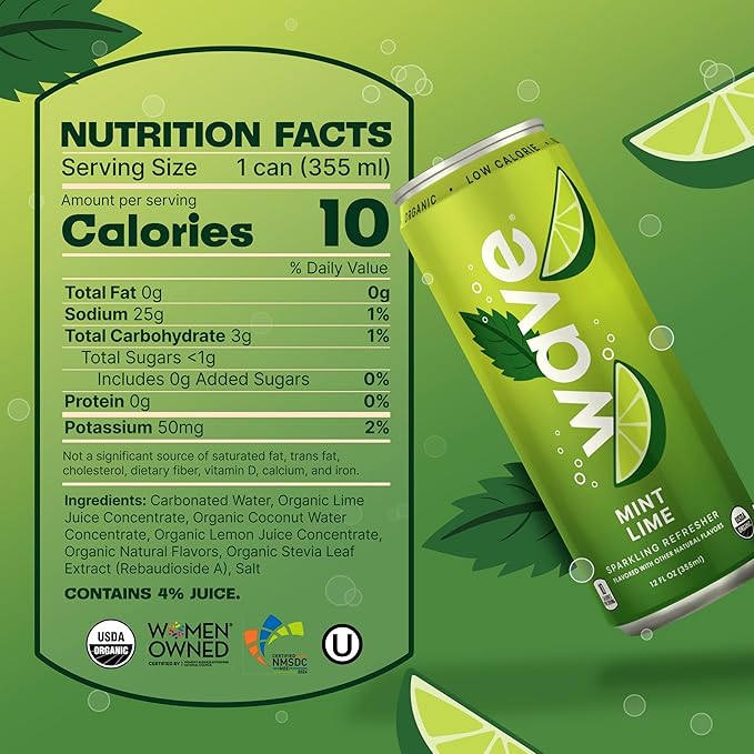 WAVE Sparkling Refreshers | Sparkling Juice | Organic Hydration | Low Calorie Drink | Lightly Carbonated Soda Alternative | No Added Sugar, Preservatives or Artificial Ingredients | Mint Lime | 12 Pk
