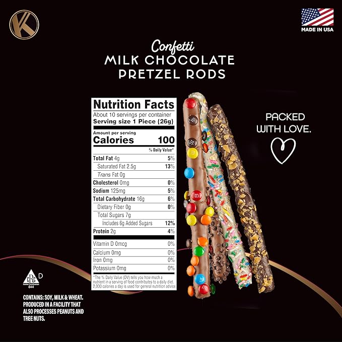 KREMERY Creamy Chocolate Cravings - Chocolate Covered Pretzel Rods Gift Basket, in Confetti Tower (10 Pretzels, Assorted Sweet Toppings) Food Arrangement, Kosher Dairy, USA Made