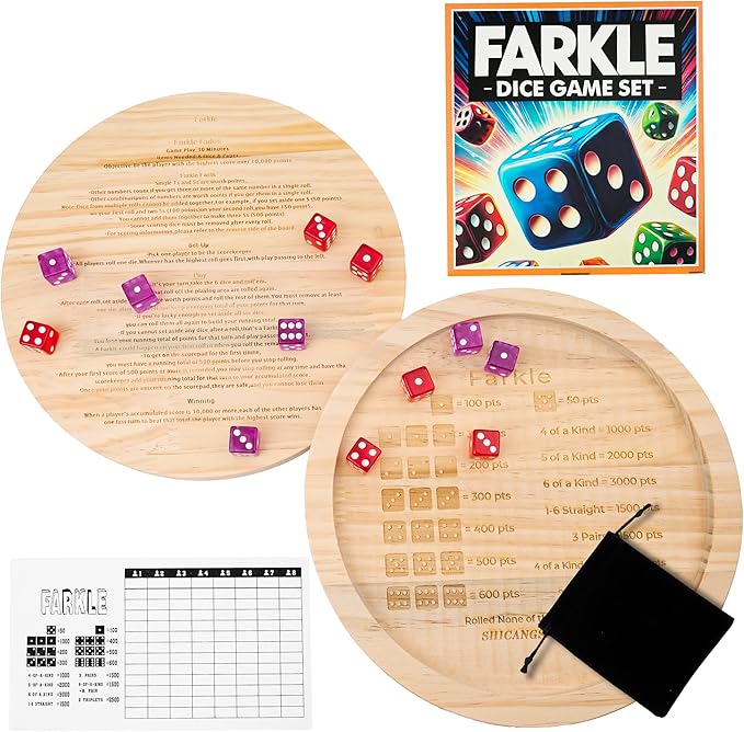 9.8-Inch Wooden Farkle Dice Tray with Printed Rules - Classic Farkle Board Game Set with 12 Pearl Dice, Score Pad & Velvet Pouch for Family Game Nights