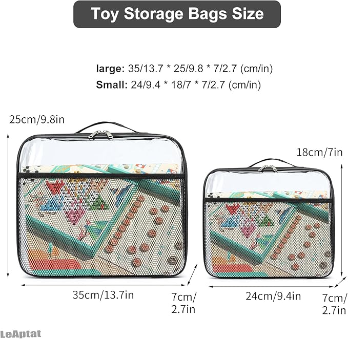 4 Pack Clear PVC Waterproof Toy Storage Bags with Name Tag Pockets - Zippered Organizer for 2x4 Building Blocks, Puzzles, Travel Toiletries, Kids Room Organization (Black, S & M)