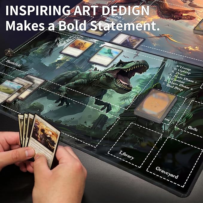 Playmat with Zones for MTG Card Game Playing, Game Mats Tabletop Magic Play Mats 24"x14" Commander Deck Gaming Desk Duel Mat Card Gameplay Mats for Beginner, Tyrannosaurus Rex
