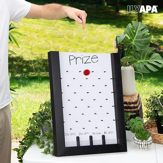 Ilyapa Tabletop Plinko Board Game - 13x17 Inch Portable Prize Drop Plinko Board for Events and Trade Show - Penny Drop Game Includes 8 Coin Discs, Wooden A-Frame Whiteboard Sign, Eraser