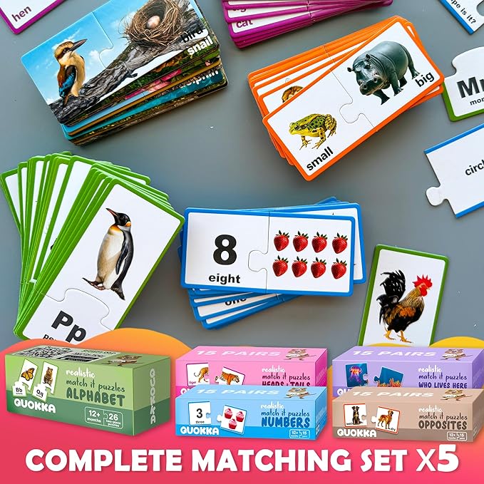 QUOKKA 5X MEGASET Realistic Puzzles for Toddlers 3-5 - Matching Games for Kids Ages 2-4 - Numbers Animals Opposites ABC Learning for Toddlers 1-3 Year Old - Educational Toy for Boy and Girl