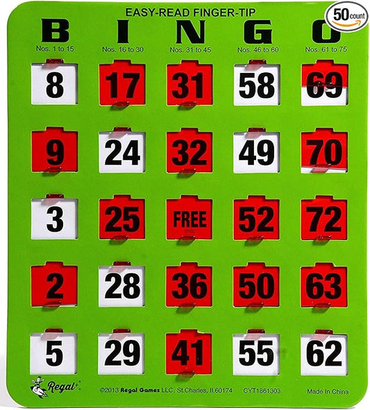 Regal Bingo - Shutter Slide Bingo Cards Only - 8” x 9” - 5-Ply Green Cardstock - Easy to Read - No Duplicates - Red Sliding Windows - Perfect for Large Groups, Bulk Purchasing