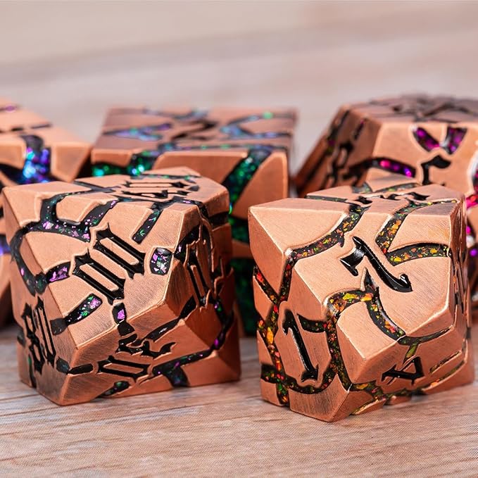 DND Metal Dice Set,7PCS Crack Glitter Metallic Dice with Gift Box,Polyehdral Dice Set for Dungeons and Dragons (Antique Red Copper 7 Colors)