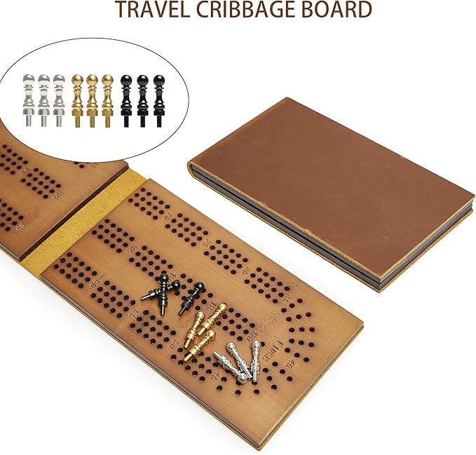 Jeereal Travel Cribbage Board Game Leather & Solid Bambo-Wood Pocket Sized Tiny Card Game Board (Bamboo|3 Tracks)