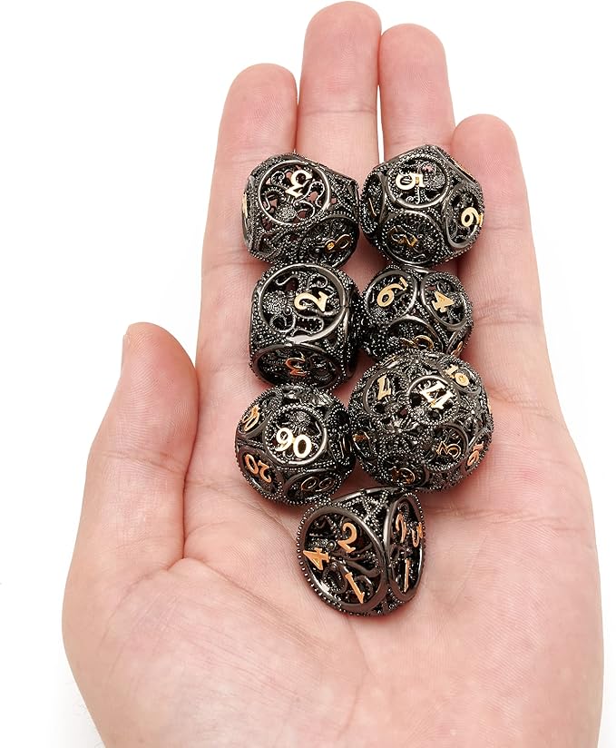 DND Dice,Hollow D&D Metal Dice,Unique Round Ball Design Octopus Dice with Gift Box for Dungeons & Dragon Gaming,7 PCs Steampunk Polyhedral D and D Dic(Ball Octopus Black Gold)