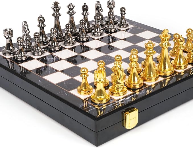 Metal Chess Set for Adults and Kids – Marbling Chess Board with Chess Pieces – Travel Chess Sets with Extra Queens with zinc Alloy Metal Pieces – Ideal for Beginners and Professional Players