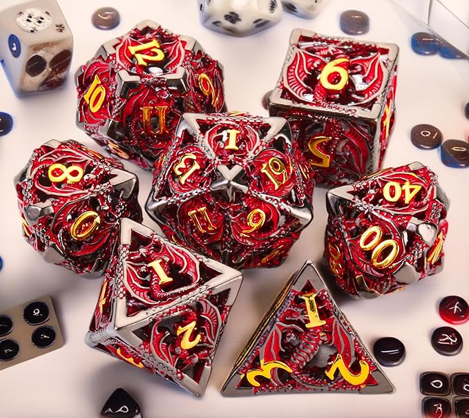 Metal DND Dice Set Dungeons and Dragon Dice Set Hollow Dragon Polyhedral Magic 7 PCS Dice Set with Gift Metal Box for Dungeons and Dragons Table Games Play Cards MTG(Dragon_Black Red Plus Gold)