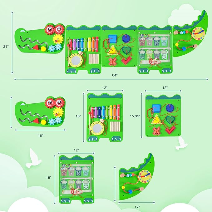 Crocodile Sensory Toys Activity Wall Panels, Educational Montessori Busy Board for Toddlers 18m+, Activity Cube - Sensory Wall, Wooden Learning Toys, Interactive Toys, Green