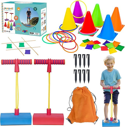 50PCS 6-in-1 Carnival Outdoor Game Combo for Kids, Foam Pogo Jumper, Giant Tic Tac Toe, Soft Plastic Cones Bean Bags Ring Toss Game, Perfect for Birthday Parties, Family Reunions, Field Days Yard Play