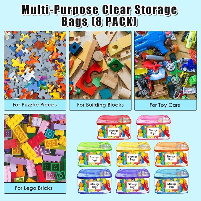 8 Pack Large Clear Toy Storage Bags with Zipper - 9.4x6.7x5.1In Waterproof PVC Organization for Lego, Building Blocks, Board Games & Puzzles - Includes Name Tag (Colorful)