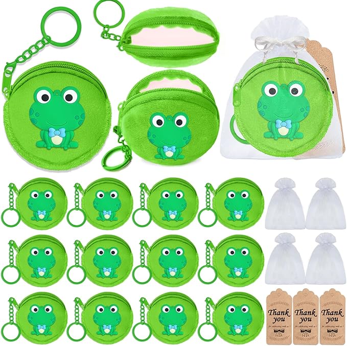 36 Pack Frog Change Purses Set Include 12 Wallets with Keyring,12 Thank You Tags and 12 Organza Bags for Green Frog Lover,Baby Shower,First Birthday Reptile Camping Decor,Green