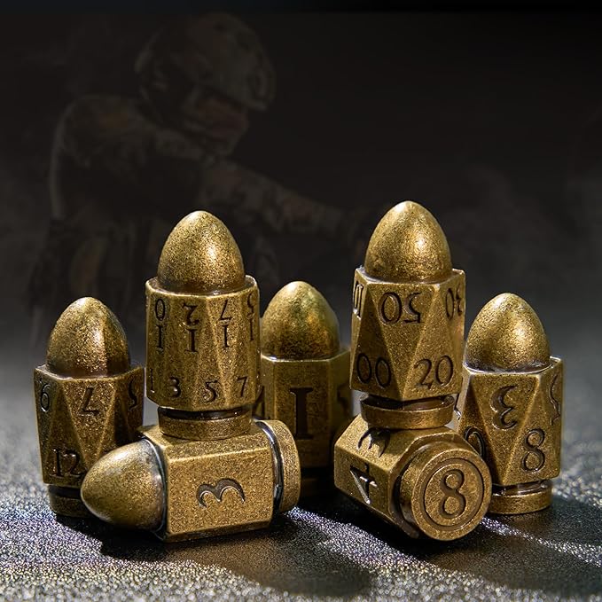 Bullet Dice Set - Metal Polyhedral Dice for Dungeons and Dragons, Warhammer, or Crime Theme Role Playing Games (Bronze)