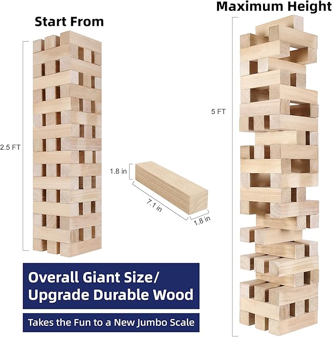 GOTHINK Giant Tumbling Tower Game, Super Large 51pcs Wooden Blocks Stacking Game, Stack to Over 5 Feet, with Carry Bag, Jumbo Blocks Outdoor Indoor Game Toy Gift for Kids and Adults