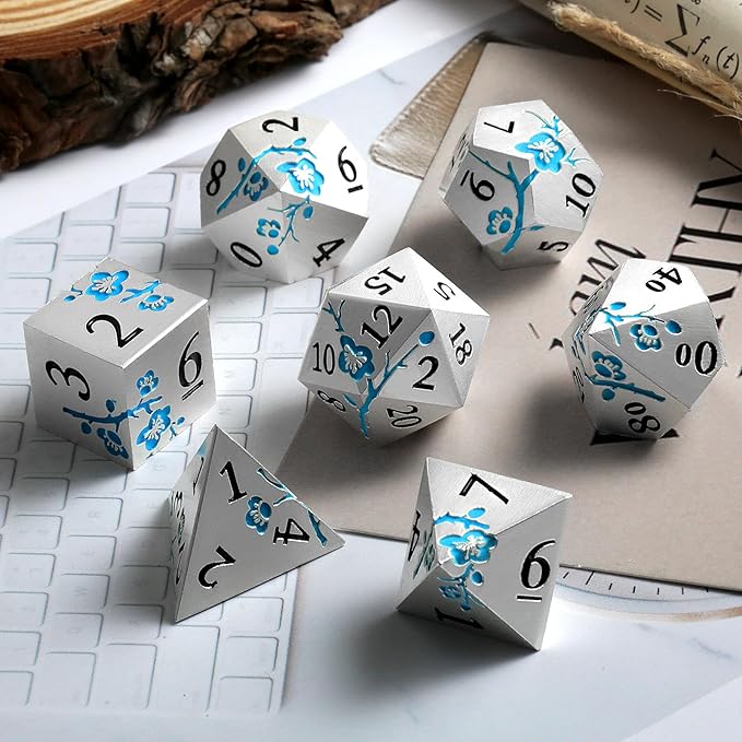 Glow in The Dark Flower Metal Dice, DNDND 7 PCS Blue Metallic D&D Dice Set with Gorgeous Gift Case for Dungeons and Dragon Tabletop Game (Glow in The Dark Blue)